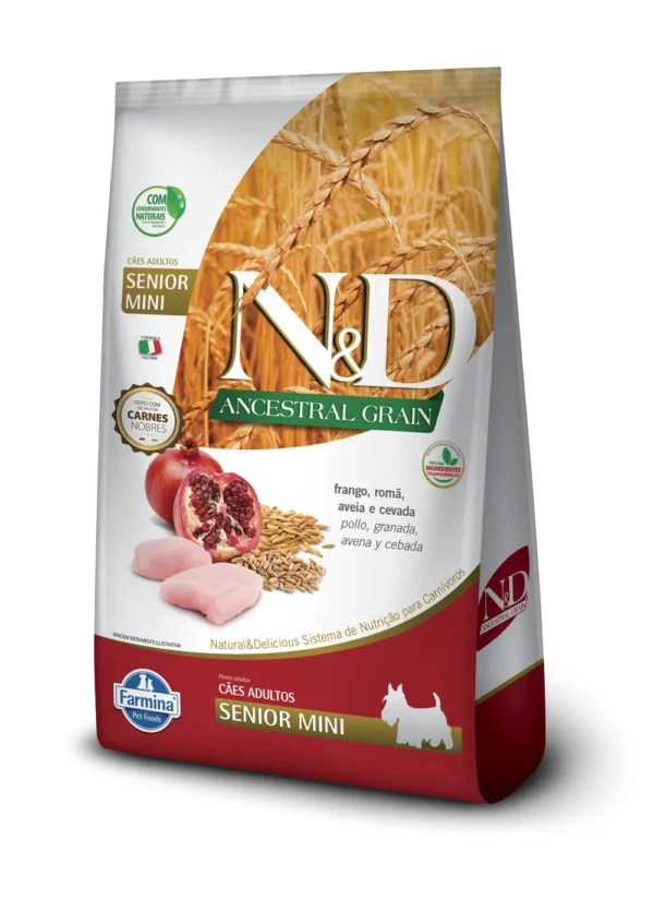 ND Ancestral Grain Cães Senior Mini Breeds Frango, Romã, Aveia e Ceveda 2,5kg